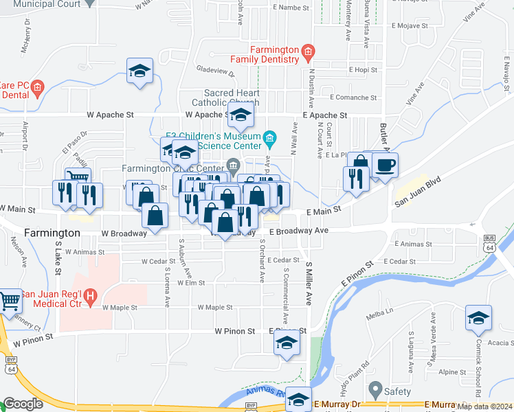 map of restaurants, bars, coffee shops, grocery stores, and more near 113 West Main Street in Farmington