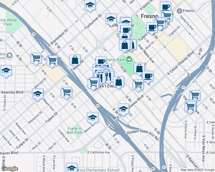 map of restaurants, bars, coffee shops, grocery stores, and more near 818 F Street in Fresno