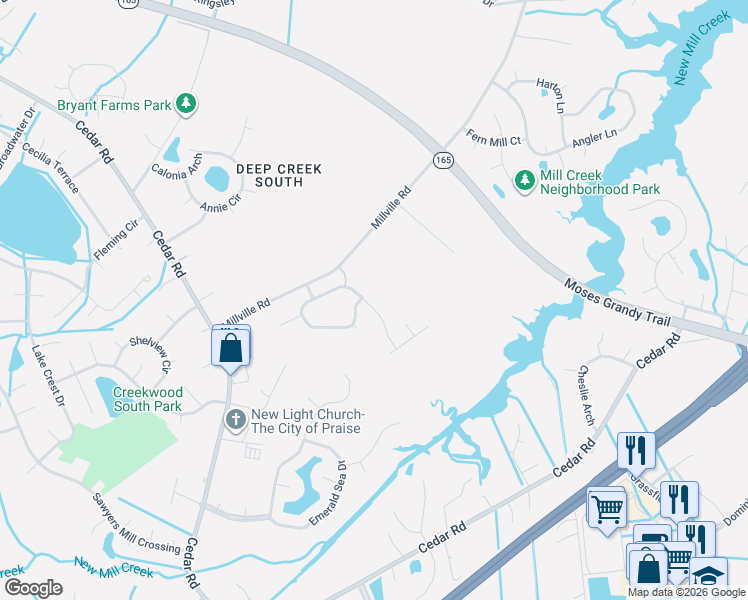 map of restaurants, bars, coffee shops, grocery stores, and more near 2112 Summer Breeze Road in Chesapeake