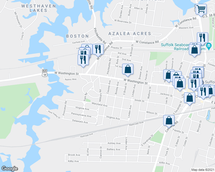 map of restaurants, bars, coffee shops, grocery stores, and more near 801 Gittings Street in Suffolk