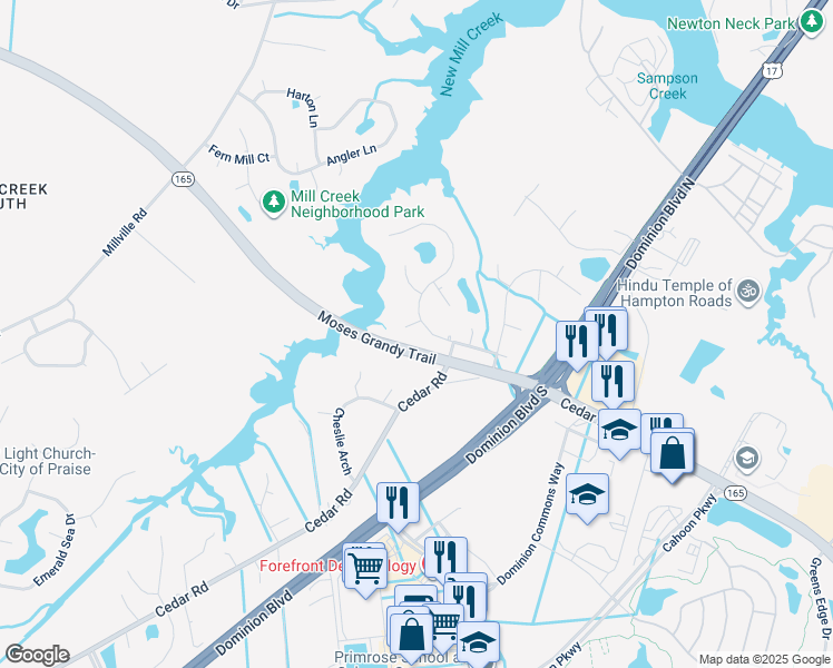 map of restaurants, bars, coffee shops, grocery stores, and more near 1831 Lancing Crest Lane in Chesapeake