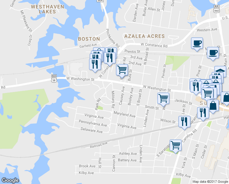 map of restaurants, bars, coffee shops, grocery stores, and more near 811 Gittings Street in Suffolk