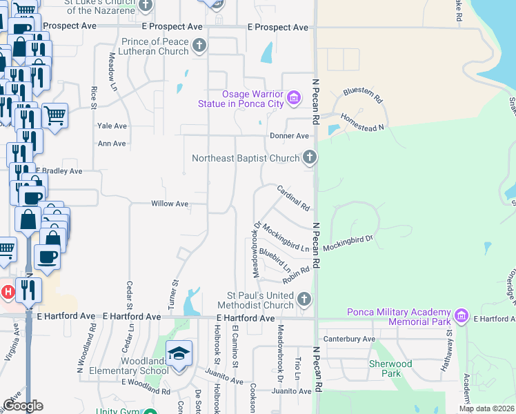 map of restaurants, bars, coffee shops, grocery stores, and more near 2201 Cardinal Road in Ponca City