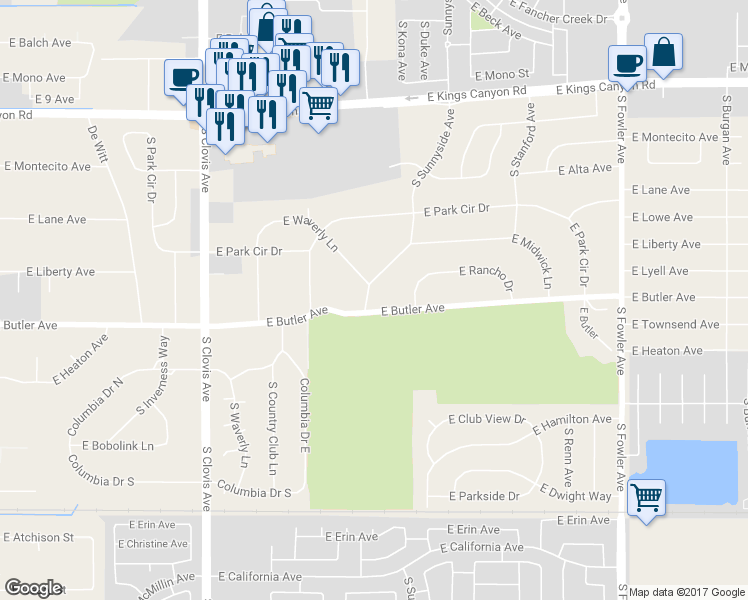 map of restaurants, bars, coffee shops, grocery stores, and more near 5757 East Butler Avenue in Fresno