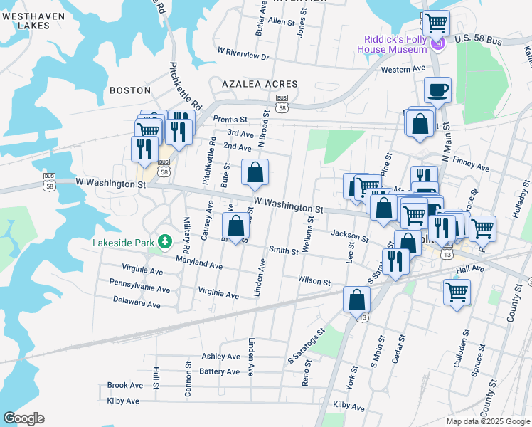 map of restaurants, bars, coffee shops, grocery stores, and more near 108 South Broad Street in Suffolk