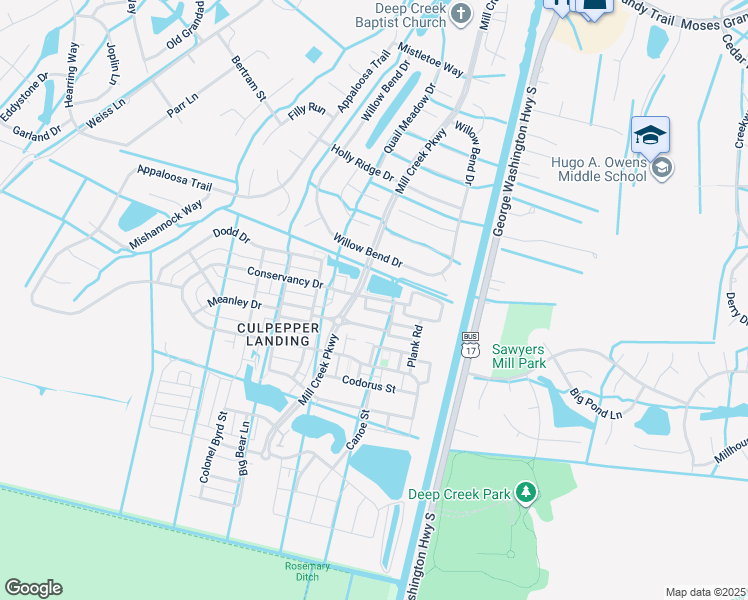 map of restaurants, bars, coffee shops, grocery stores, and more near 3115 Conservancy Drive in Chesapeake