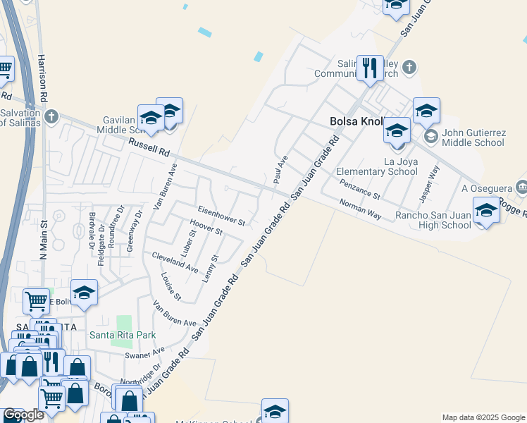 map of restaurants, bars, coffee shops, grocery stores, and more near 18848 Eisenhower Street in Salinas