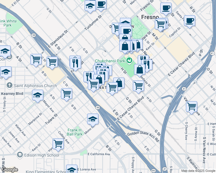 map of restaurants, bars, coffee shops, grocery stores, and more near 818 F Street in Fresno