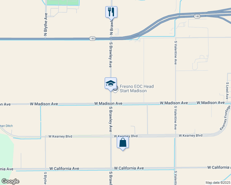 map of restaurants, bars, coffee shops, grocery stores, and more near 330 South Brawley Avenue in Fresno