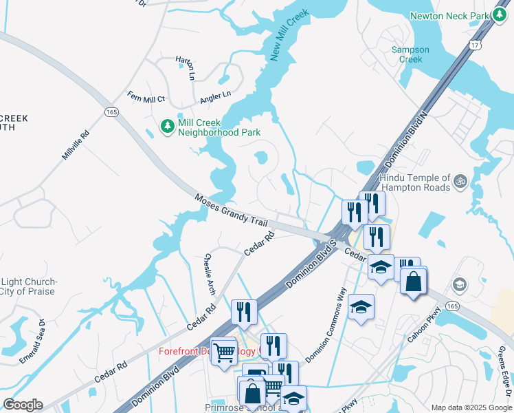 map of restaurants, bars, coffee shops, grocery stores, and more near 1831 Lancing Crest Lane in Chesapeake