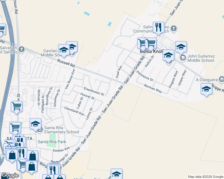 map of restaurants, bars, coffee shops, grocery stores, and more near 18848 Eisenhower Street in Salinas