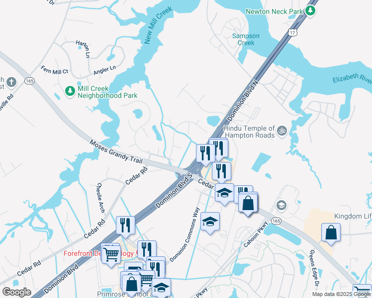 map of restaurants, bars, coffee shops, grocery stores, and more near 1700 Stilton Arch in Chesapeake
