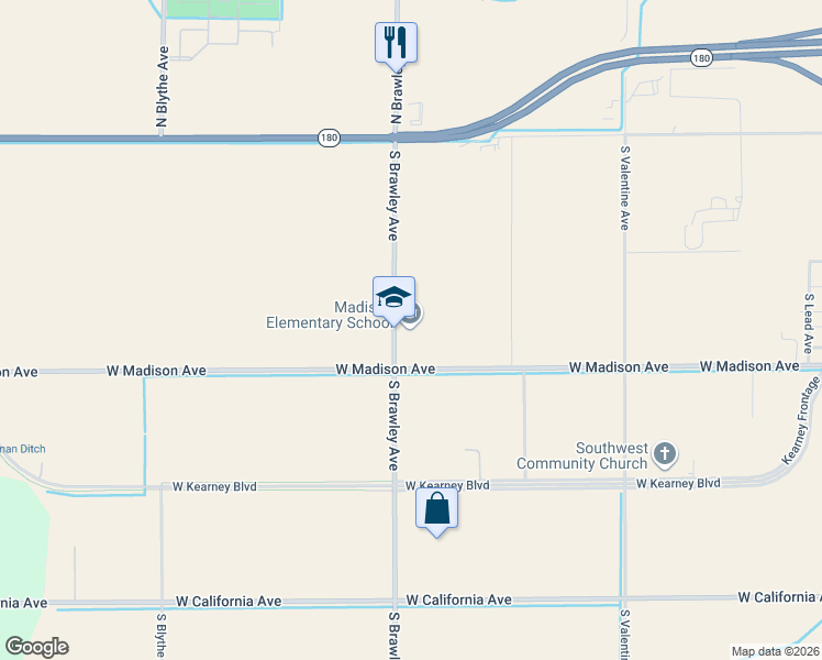 map of restaurants, bars, coffee shops, grocery stores, and more near 424 S Brawley Ave in Fresno