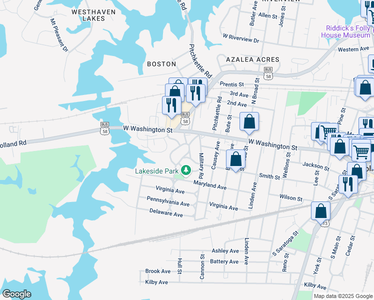 map of restaurants, bars, coffee shops, grocery stores, and more near 207 Park Road in Suffolk