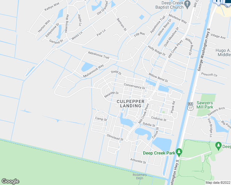 map of restaurants, bars, coffee shops, grocery stores, and more near Meanley Drive in Chesapeake