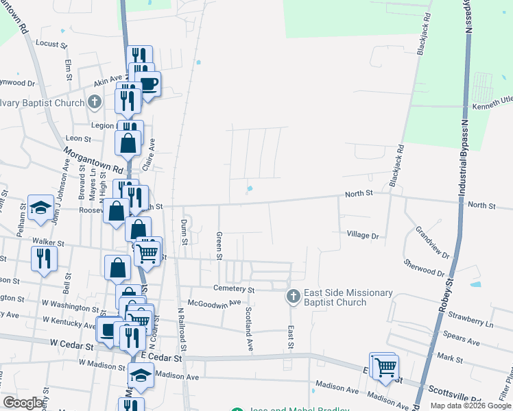 map of restaurants, bars, coffee shops, grocery stores, and more near 414 North Street in Franklin