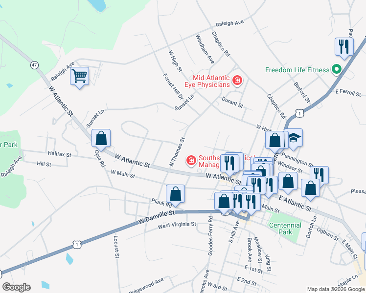 map of restaurants, bars, coffee shops, grocery stores, and more near 514 West Atlantic Street in South Hill