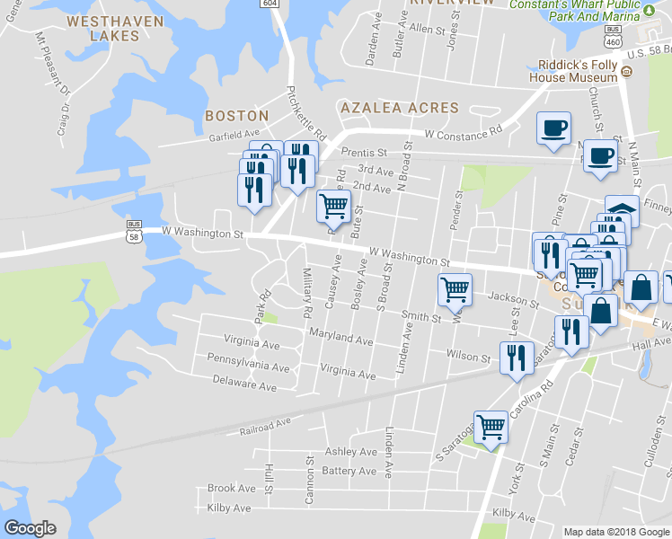 map of restaurants, bars, coffee shops, grocery stores, and more near 112 Causey Avenue in Suffolk