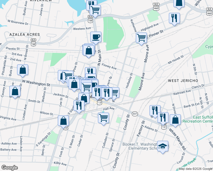 map of restaurants, bars, coffee shops, grocery stores, and more near 205 Grace Street in Suffolk