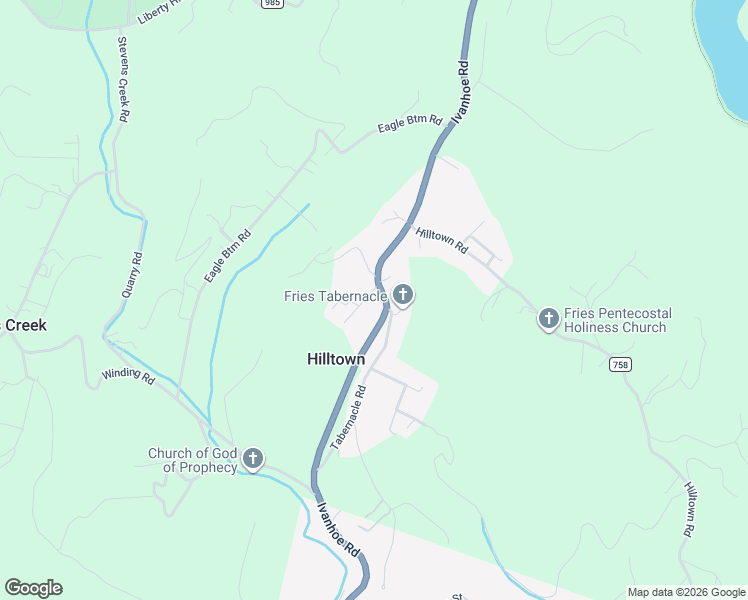 map of restaurants, bars, coffee shops, grocery stores, and more near 1051 Ivanhoe Road in Fries