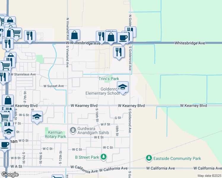 map of restaurants, bars, coffee shops, grocery stores, and more near 410 17th Street in Kerman