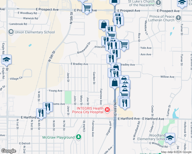 map of restaurants, bars, coffee shops, grocery stores, and more near 2126 Garden Street in Ponca City