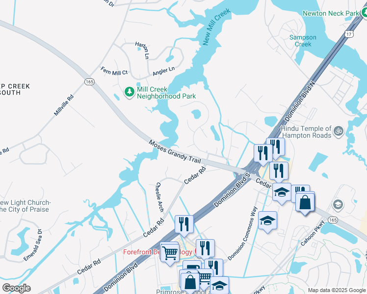 map of restaurants, bars, coffee shops, grocery stores, and more near 406 Lorton Court in Chesapeake