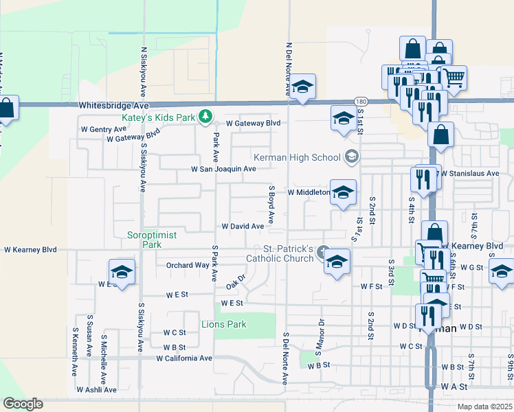 map of restaurants, bars, coffee shops, grocery stores, and more near 15648 Wooten Court in Kerman
