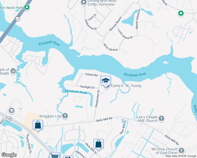 map of restaurants, bars, coffee shops, grocery stores, and more near 128 Deepwater Drive in Chesapeake