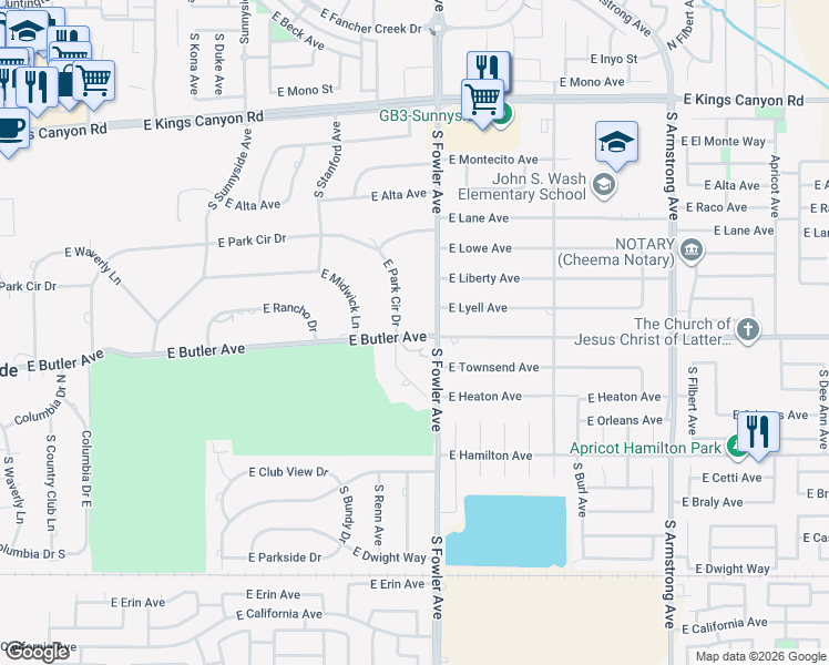map of restaurants, bars, coffee shops, grocery stores, and more near 5960 East Butler in Fresno