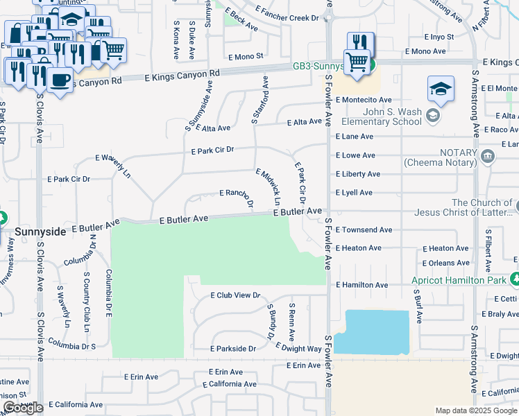map of restaurants, bars, coffee shops, grocery stores, and more near 5903 East Butler Avenue in Fresno
