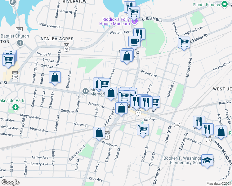 map of restaurants, bars, coffee shops, grocery stores, and more near 239 West Washington Street in Suffolk