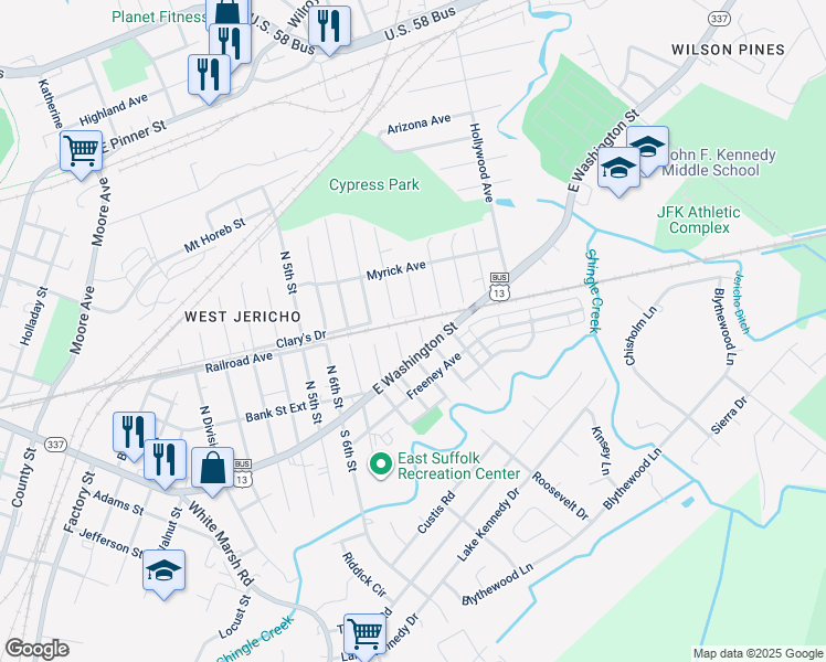 map of restaurants, bars, coffee shops, grocery stores, and more near 111 North 10th Street in Suffolk