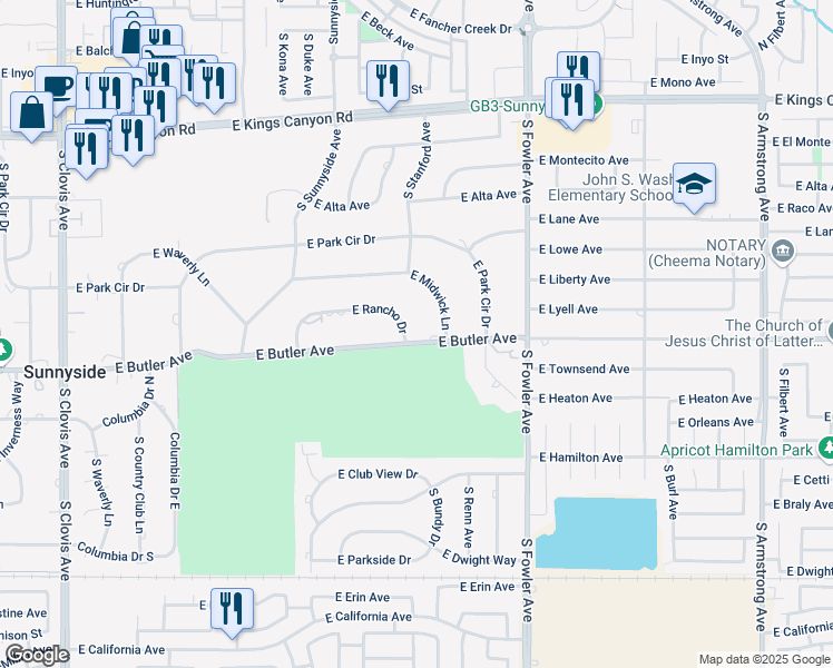 map of restaurants, bars, coffee shops, grocery stores, and more near 5903 East Butler Avenue in Fresno
