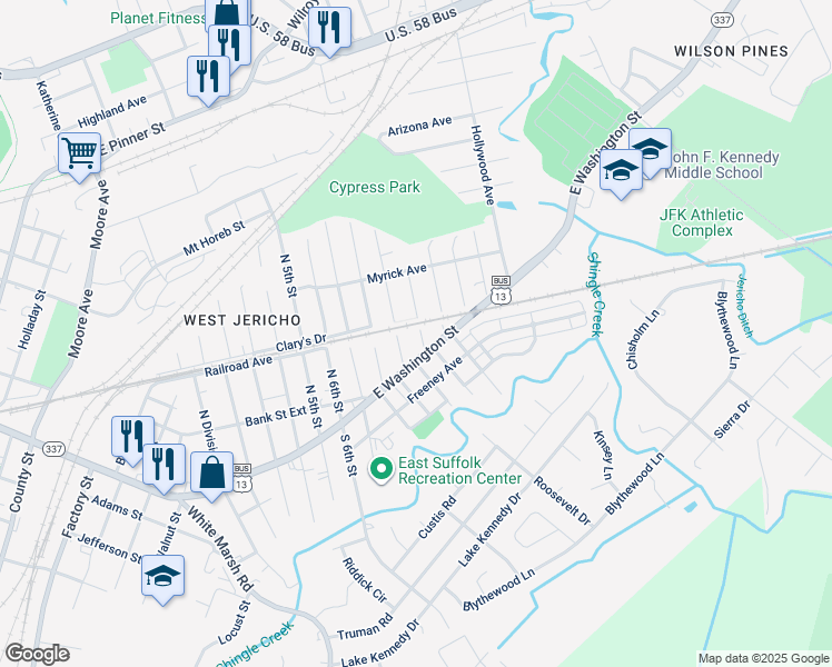map of restaurants, bars, coffee shops, grocery stores, and more near 111 North 10th Street in Suffolk