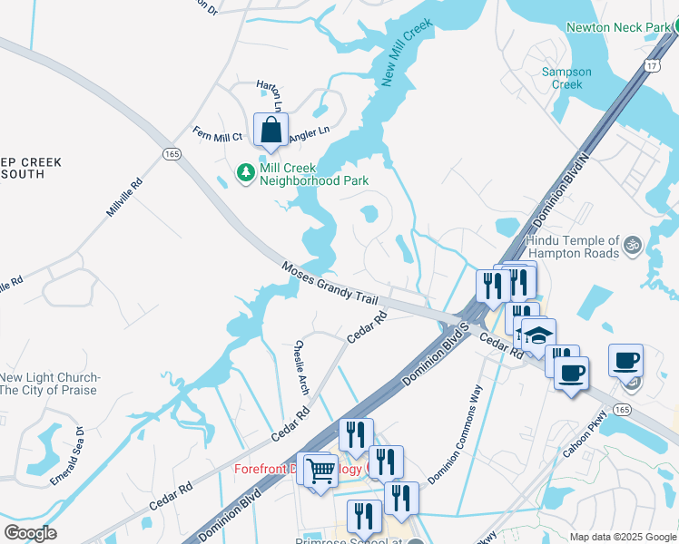 map of restaurants, bars, coffee shops, grocery stores, and more near 406 Lorton Court in Chesapeake