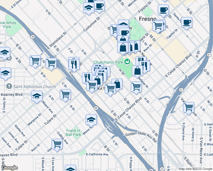 map of restaurants, bars, coffee shops, grocery stores, and more near 1524 Kern Street in Fresno