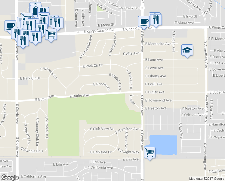 map of restaurants, bars, coffee shops, grocery stores, and more near 5903 East Butler Avenue in Fresno