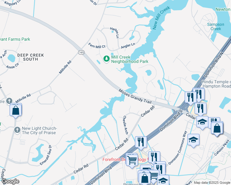 map of restaurants, bars, coffee shops, grocery stores, and more near 1928C Moses Grandy Trail in Chesapeake