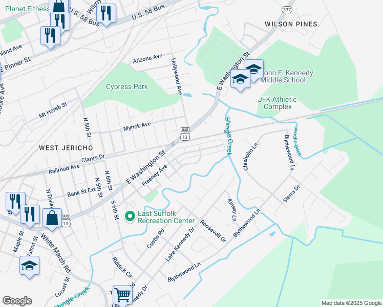 map of restaurants, bars, coffee shops, grocery stores, and more near 2065 Freeney Avenue in Suffolk
