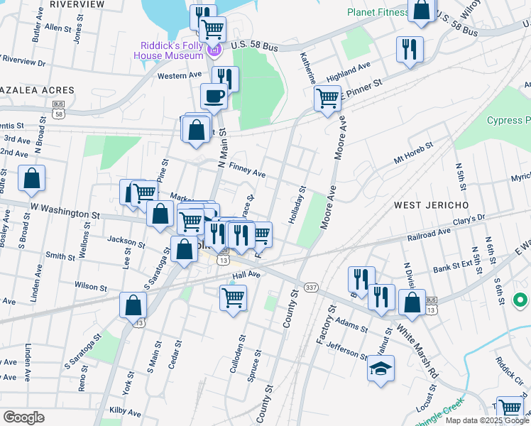 map of restaurants, bars, coffee shops, grocery stores, and more near in Suffolk