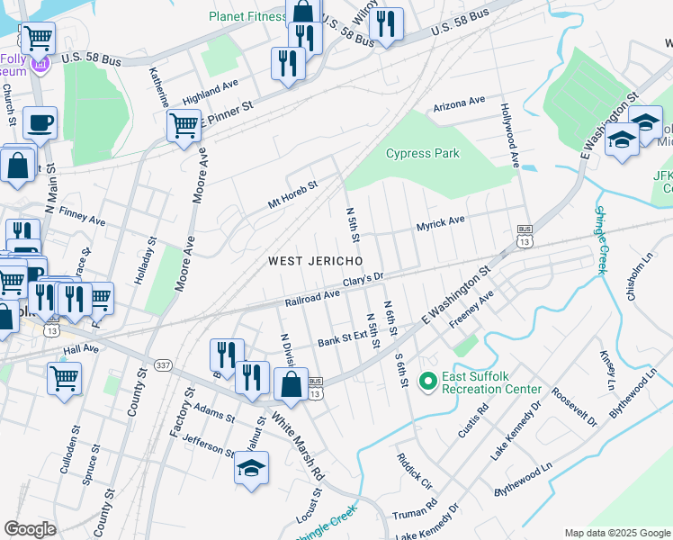 map of restaurants, bars, coffee shops, grocery stores, and more near 303 North 4th Street in Suffolk