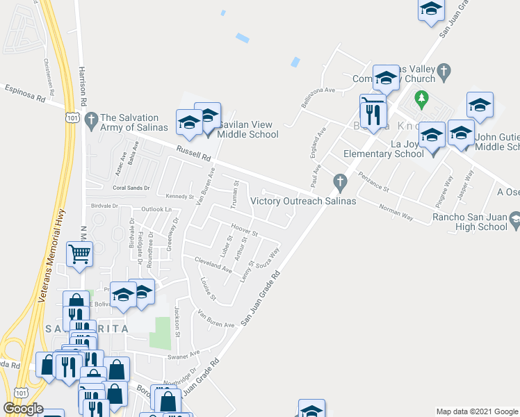 map of restaurants, bars, coffee shops, grocery stores, and more near 12979 Arthur Street in Salinas