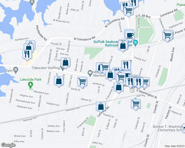 map of restaurants, bars, coffee shops, grocery stores, and more near 442 West Washington Street in Suffolk
