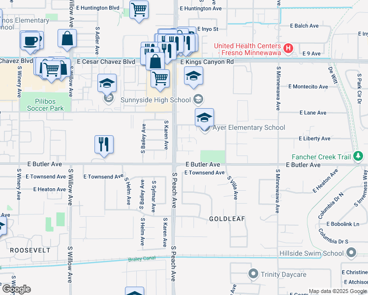 map of restaurants, bars, coffee shops, grocery stores, and more near 5206 East Liberty Avenue in Fresno