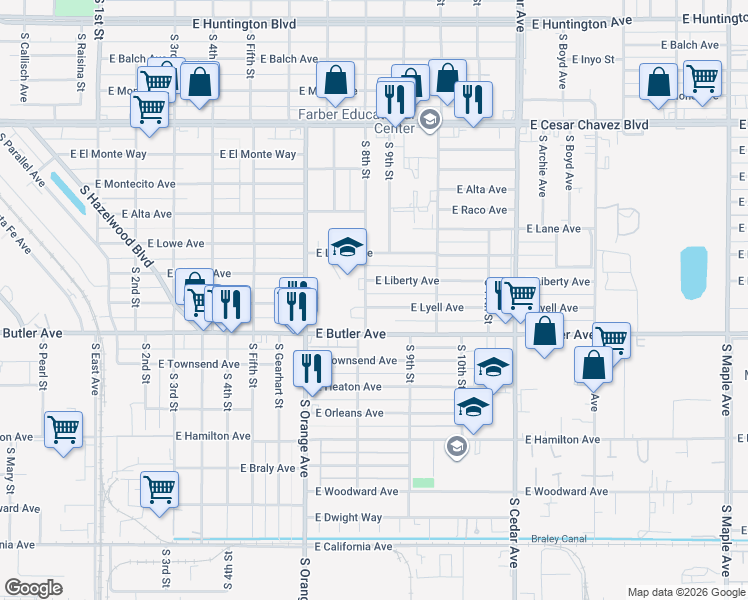 map of restaurants, bars, coffee shops, grocery stores, and more near 3853 East Liberty Avenue in Fresno
