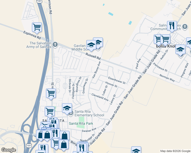 map of restaurants, bars, coffee shops, grocery stores, and more near 18395 Van Buren Avenue in Salinas