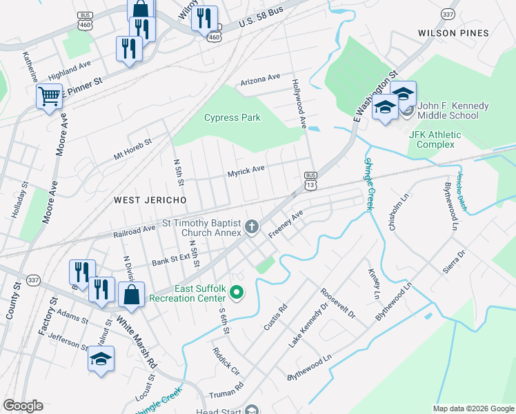 map of restaurants, bars, coffee shops, grocery stores, and more near 113 North 10th Street in Suffolk