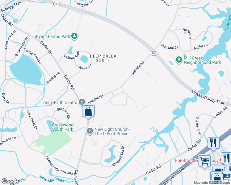 map of restaurants, bars, coffee shops, grocery stores, and more near 2181 Millville Road in Chesapeake
