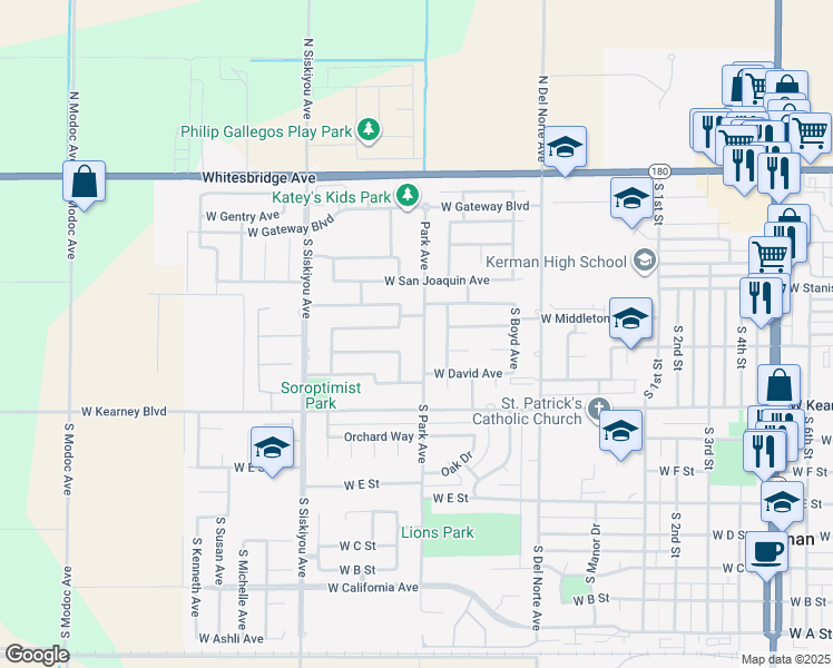 map of restaurants, bars, coffee shops, grocery stores, and more near 350 Park Avenue in Kerman